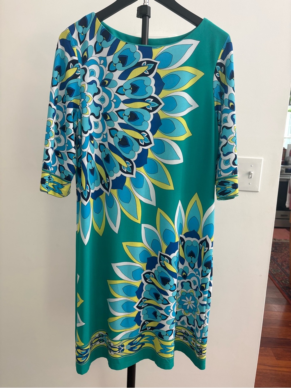 Sandra Darren Teal Floral-Print Midi Dress with Blue & Yellow Accents